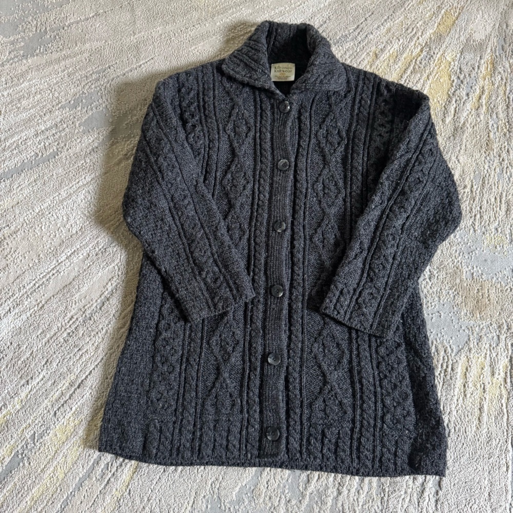 Kilronan gray cable chunky knit sweater cardigan button front Ireland large - Picture 1 of 8